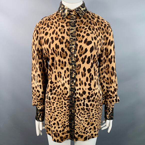 Dolce & Gabbana Tops - DOLCE & GABBANA Size L Brown Viscose Blend Leopard Sequin Trim Snaps Shirt